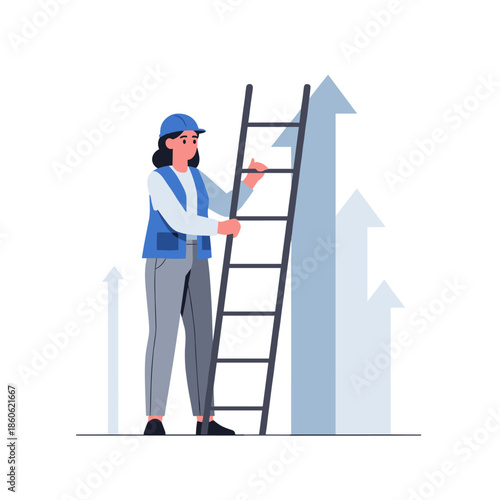 Female worker climbing career ladder - business success and growth concept