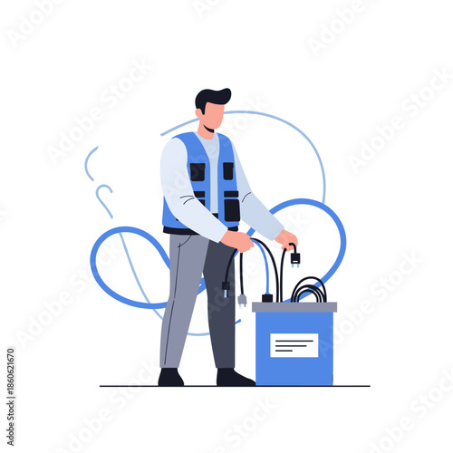 Young caucasian male technician connecting cables to recharge station