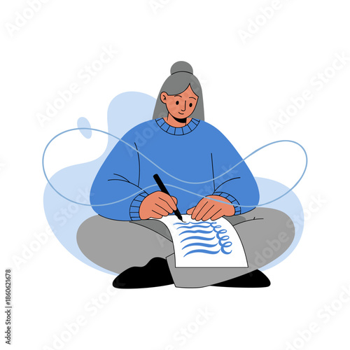 Elderly caucasian female writing in notebook with calm expression