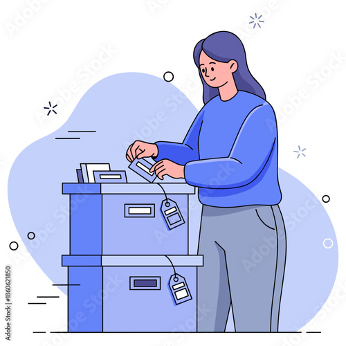 Young asian female organizing files in cabinets