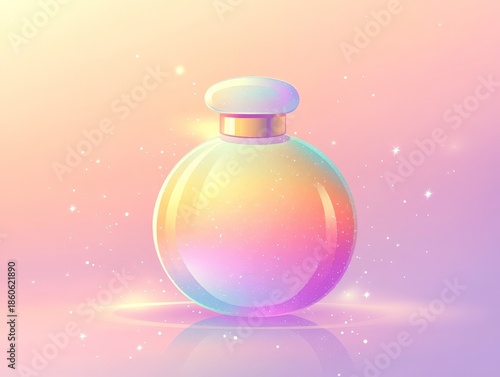 A bottle of perfume is sitting on a table. The bottle is colorful and has a gold cap. The bottle is surrounded by a lot of sparkles, which gives it a luxurious and glamorous appearance