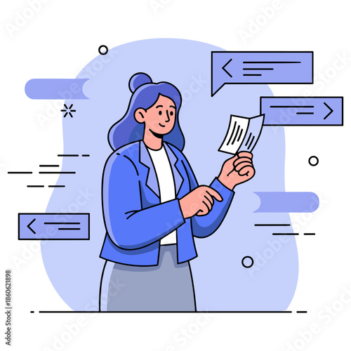 Female adult caucasian reading document with digital communication background