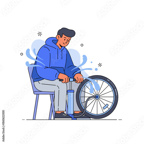 Young asian male inflating bicycle tire with pump