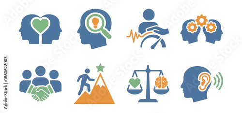 Conceptual icons illustrating concepts such as teamwork innovation and success