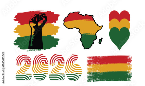 Pan-African Colors Vector Set for Black History Month and Juneteenth – Africa Map, Raised Fist, Heart Icons, 2026 Typography and Grunge Brush Strokes