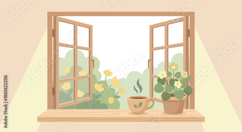 Open wooden window looking out to green garden with yellow flowers and cup of hot coffee on sill next to potted plant for cozy morning relaxation concept at home.
