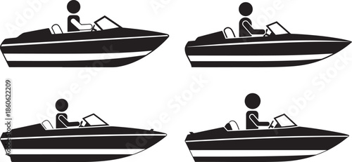 Motorboat speed boat and driver icon set