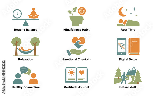 Conceptual icons illustrating various aspects of life and well being