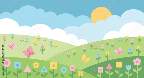 Beautiful spring landscape with green hills colorful flowers and cute butterflies flying under blue sky with white clouds and bright sun for nature season design..