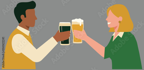 Happy diverse couple clinking glasses of beer together celebrating St Patrick's day holiday with stout and lager drinks while smiling and having fun at social party.