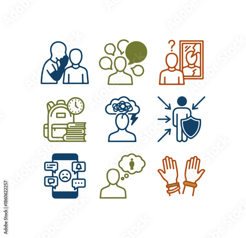 Conceptual icons illustrating various psychological and social themes