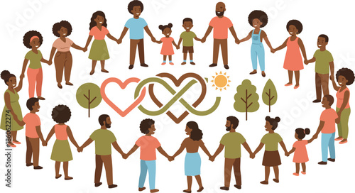 Happy large group of african american people holding hands in a circle around heart and infinity symbol showing love unity and friendship for family support concept.