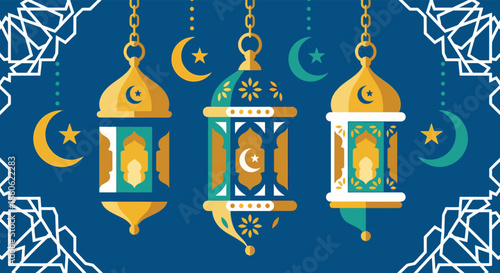 Beautiful hanging gold and teal lanterns with crescent moons and stars for ramadan kareem and eid mubarak celebration greeting card design with islamic ornament.