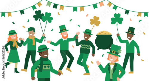 Happy diverse people celebrating St. Patrick's Day party dancing with green hats and shamrocks near pot of gold under bunting decoration for irish holiday event.