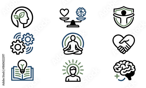 Conceptual icons illustrating wellbeing health and positive mindset
