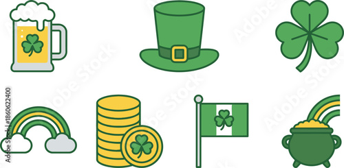 Saint Patricks Day icons featuring green hat beer mug shamrock clover rainbow gold coins and pot of gold for traditional irish holiday celebration design elements.