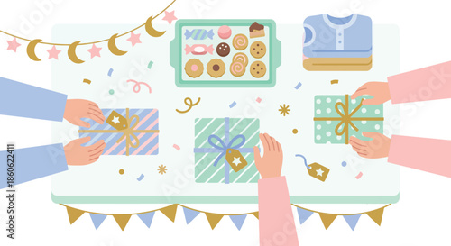 Top view of family hands exchanging gifts and sharing sweets on table decorated with crescent moon bunting for eid mubarak celebration greeting or holiday event.