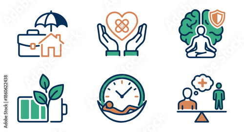 Health and wellness icons representing insurance support and balance
