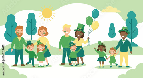 Happy diverse families celebrating St. Patrick's Day together in the park wearing green hats and holding balloons while walking outdoors with cute children having fun.