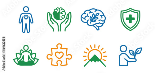 Health and wellness icons set symbolizing wellbeing mental clarity and nature connection