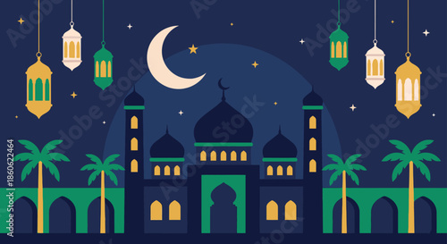 Ramadan Kareem and Eid Mubarak celebration greeting card with beautiful mosque silhouette crescent moon and hanging lanterns in night sky for islamic holy month.