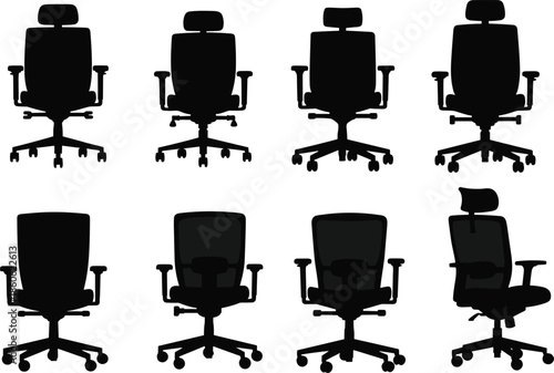 office chair silhouette set, ergonomic swivel chairs vector collection, workplace furniture icons, adjustable rolling desk seats illustration pack