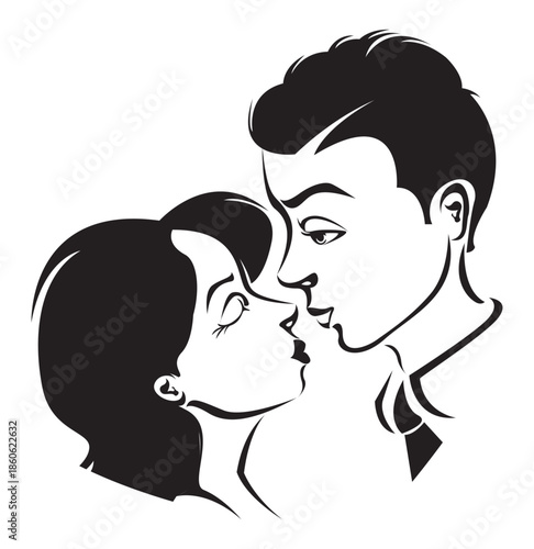 Romantic couple about to share a kiss in a black and white illustration