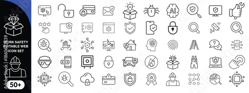 Work Safety editable stroke outline web icons set. Safety first, hazard, protection, health, insurance, regulations, helmet and work. Vector illustration  design . big icon set 