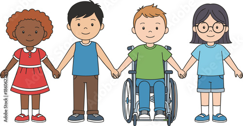Diverse group of multiracial children holding hands including a boy in a wheelchair to represent inclusion and friendship