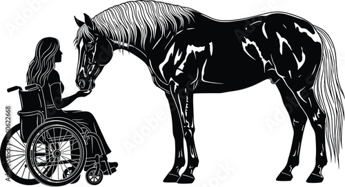 woman in wheelchair feeding horse silhouette, therapy animal concept vector illustration, disability support, emotional healing connection design artwork