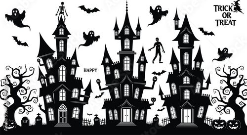 Haunted house silhouette set, Halloween spooky castle town, ghost bat zombie skeleton vector collection, trick or treat night scene