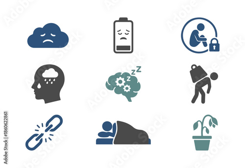 Mental health icons set depression exhaustion and well being symbols