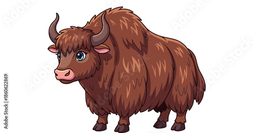 Cute brown hairy yak standing alone on a white background for children illustration and animal character design projects