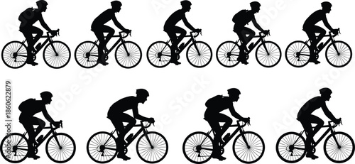 Cyclist silhouette set, mountain bike rider pack, cycling sport black white vector collection, active lifestyle outdoor motion graphics