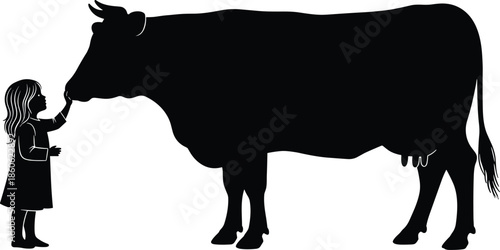 Girl touching cow silhouette, farm child animal bond, rural agriculture black white vector illustration, childhood countryside love scene