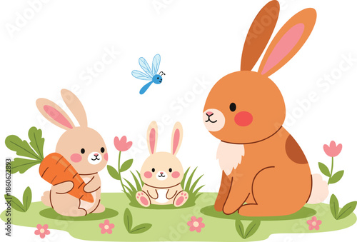 Cute cartoon rabbit family with baby bunnies eating a carrot on a green meadow with flowers and a dragonfly
