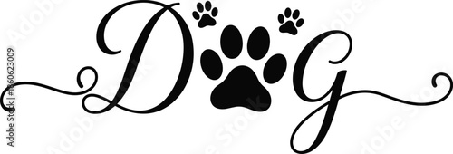 Dog paw calligraphy logo design, pet love typography with footprints, black white vector illustration for veterinary clinic branding design