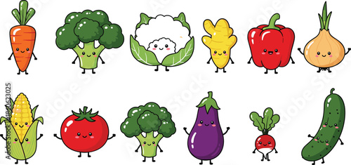 Cute Kawaii Vegetable Character Vector Set Including Carrot Broccoli Cauliflower Tomato Corn And Eggplant For Children Education Design