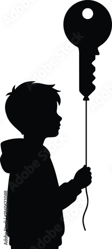 Child silhouette holding key shaped balloon, imagination freedom concept, childhood mystery, dream unlock idea, minimal black white illustration, creative art
