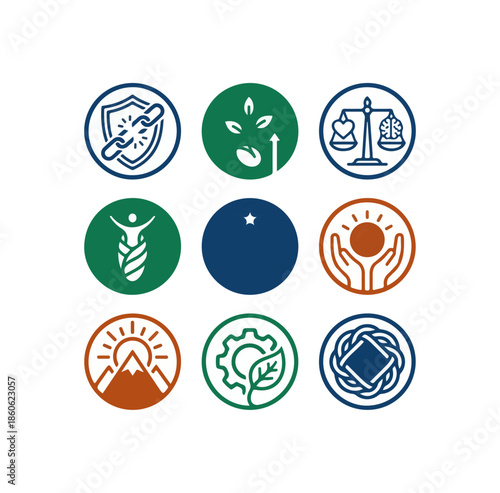 Set of circular icons representing concepts of sustainability and ethics