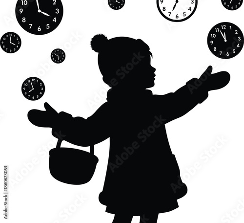 Child silhouette in winter clothing, surrounded by floating clocks, surreal time concept, whimsical childhood moment, abstract imagination, emotional storytelling, symbolic art