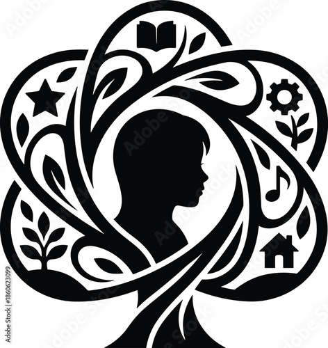 Child silhouette inside symbolic tree, swirling branches, holistic growth concept, education, creativity, nature, community, learning icons, development illustration
