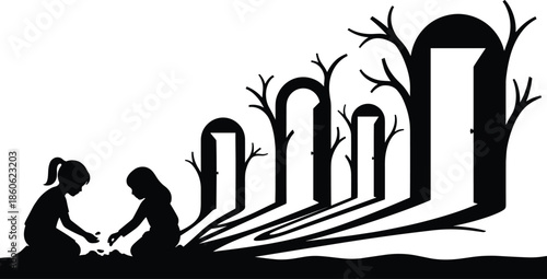 Children silhouette with surreal tree doors, black and white fantasy illustration of imagination, growth, and life’s mysterious passage