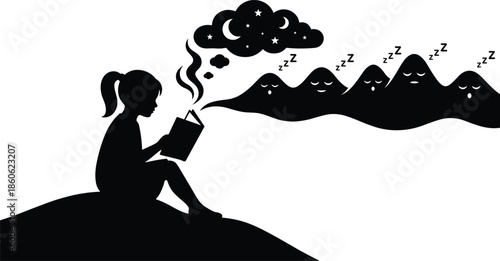 Child silhouette reading on hill, dream bubble with sleeping mountains and stars, black and white fantasy illustration of imagination