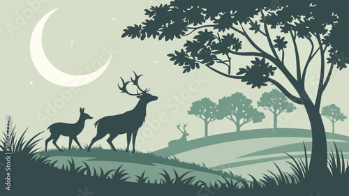 Deer family under crescent moon in serene natural landscape
