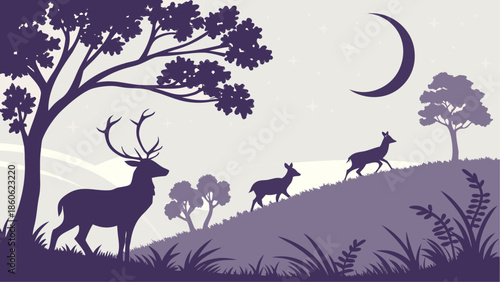 Majestic deer family under moonlight in serene natural landscape