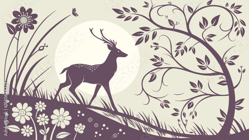 Majestic deer standing in serene natural landscape with flowers