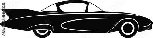Classic car silhouette with rear fins, vintage design highlights, mid-century style, elegant contours, retro automotive illustration, nostalgic vehicle art