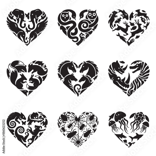Love of wildlife: A collection of heart-shaped designs, each artfully composed to feature various animals, celebrating the bond and affinity for the animal kingdom.