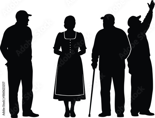 Senior people silhouette collection illustration, elderly men and woman standing poses, black white vector set, aging retirement lifestyle concept
